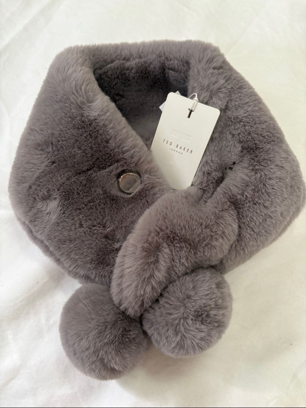Ted Baker Taupe-Gray Faux Fur Pom Neck Warmer